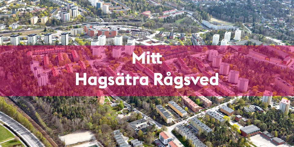 Flygvy över området med en rosa textplatta bakom texten Mitt Hagsätra Rågsved.